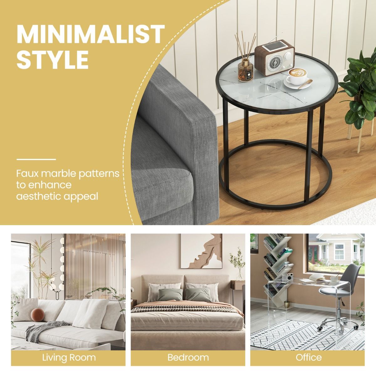 Coast Ronde Glazen Bijzettafel met Marmerlook Blad en Metaalframe – Modern Design - 50 cm - Zwart
