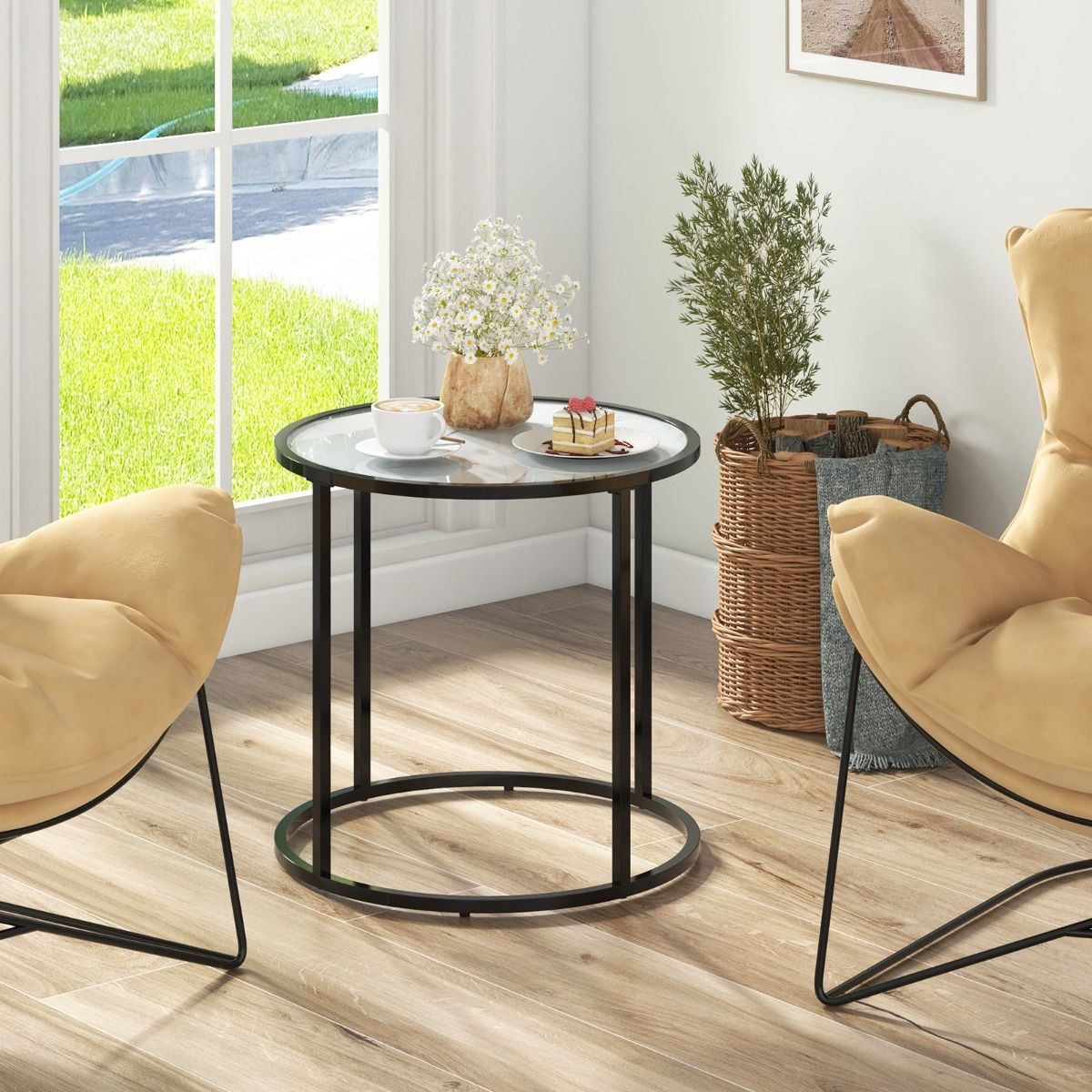 Coast Ronde Glazen Bijzettafel met Marmerlook Blad en Metaalframe – Modern Design - 50 cm - Zwart
