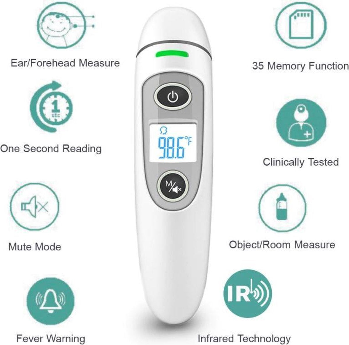 FC - IR100 Digitale Contactloze Voorhoofd Infraroodthermometer Voor Volwassenen - Kinderen - Baby Thermometer met Koorts Indicator en 35 geheugens