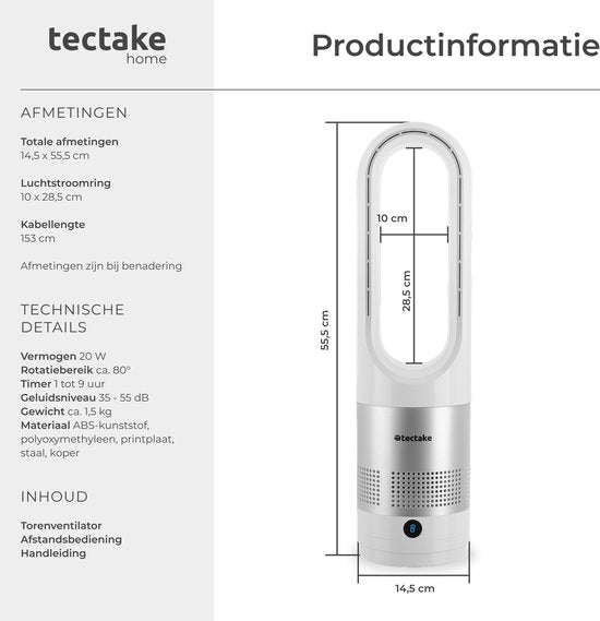 tectake® Torenventilator Polar - Kolomventilator inclusief Afstandsbediening - 8 Snelheidsstanden en Timer - 80° Draaifunctie - Stille Ventilator (35-55dB) - Staand met LED Bedieningspaneel - 55,5 cm Hoog - Luchtkoeler - Wit
