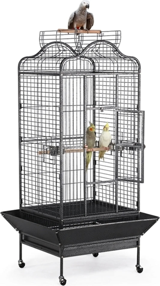 Yaheetech Vogelkooi Papegaaienkooi – 81 x 77 x 154-160 cm – Voorzien Van Openklapbaar Victoriaans Dak En Vuilopvangbak En Verrijdbaar Onderstel – Voor Papegaaien En Grote Vogels – Zwart Gehamerd Metaal