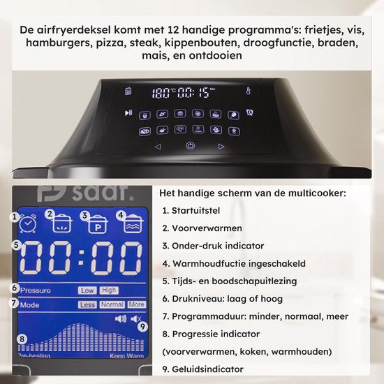 Multicooker met Airfryer - 15-Delige Set - 6L - 24 Automatische Programma's - Slowcooker, Rijstkoker, Stomer, Snelkookpan - Grijs - van Saaf