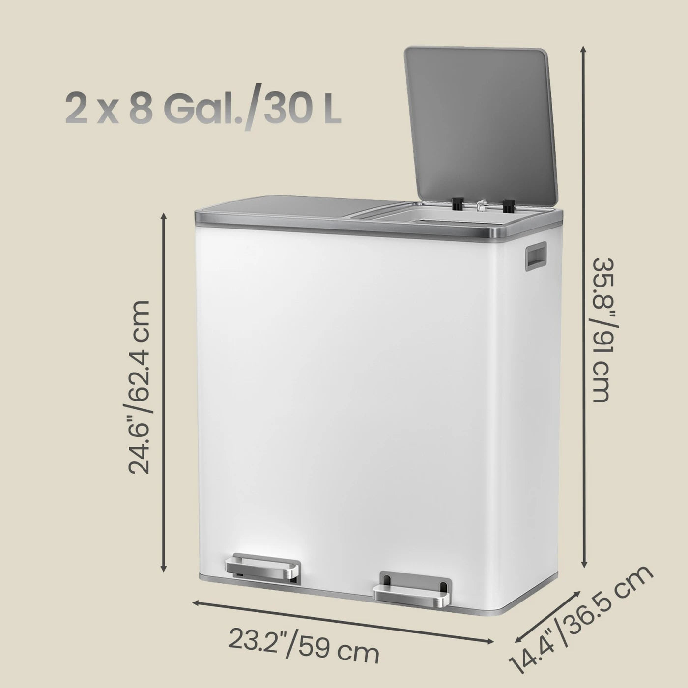 Ochama Afvalbak met 2 Compartimenten 2 x 30 L - RVS - Zacht sluitend - Zilver