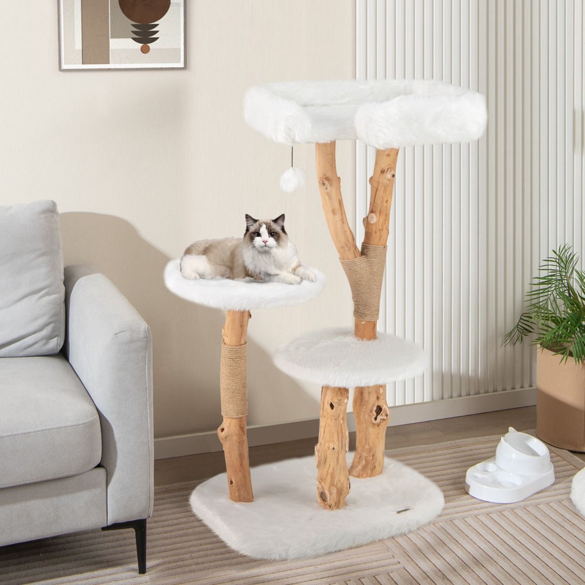 Coast Krabpaal voor katten - massief hout en jute - 4 niveaus - naturel en wit - 110 cm