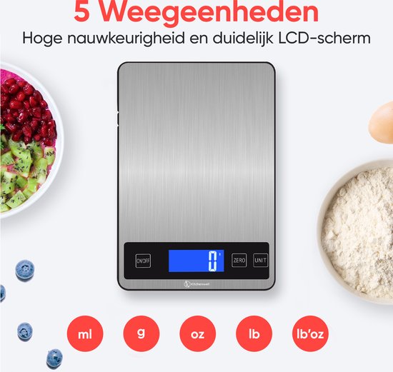 Kitchenwell Digitale Precisie Keukenweegschaal – Weegschaal Keuken - 1gr - 10kg – Tarra Functie - Grijs