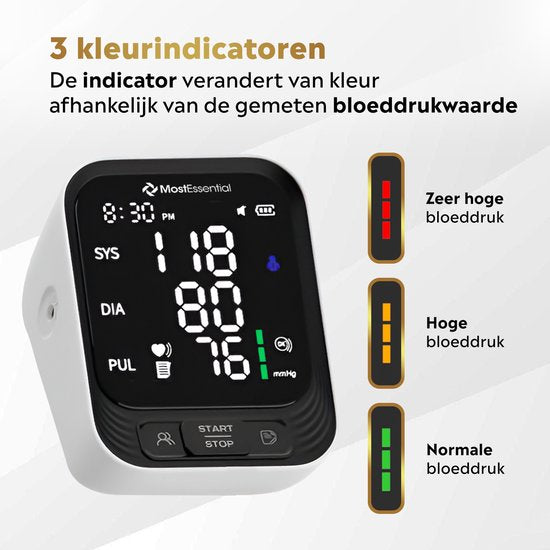 MostEssential Premium Bloeddrukmeter Bovenarm - Hartslagmeter - 398 Metingen Geheugen - Inclusief USB-C Kabel - 30S
