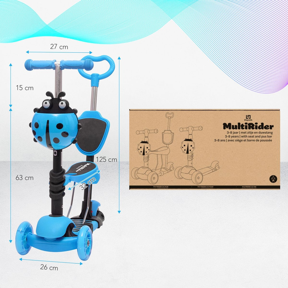 LifeGoods MultiRider - Kinderstep met Duwstang - 3 tot 8 Jaar - Jongens/Meisjes - 2 Lichtgevende Wielen - Blauw