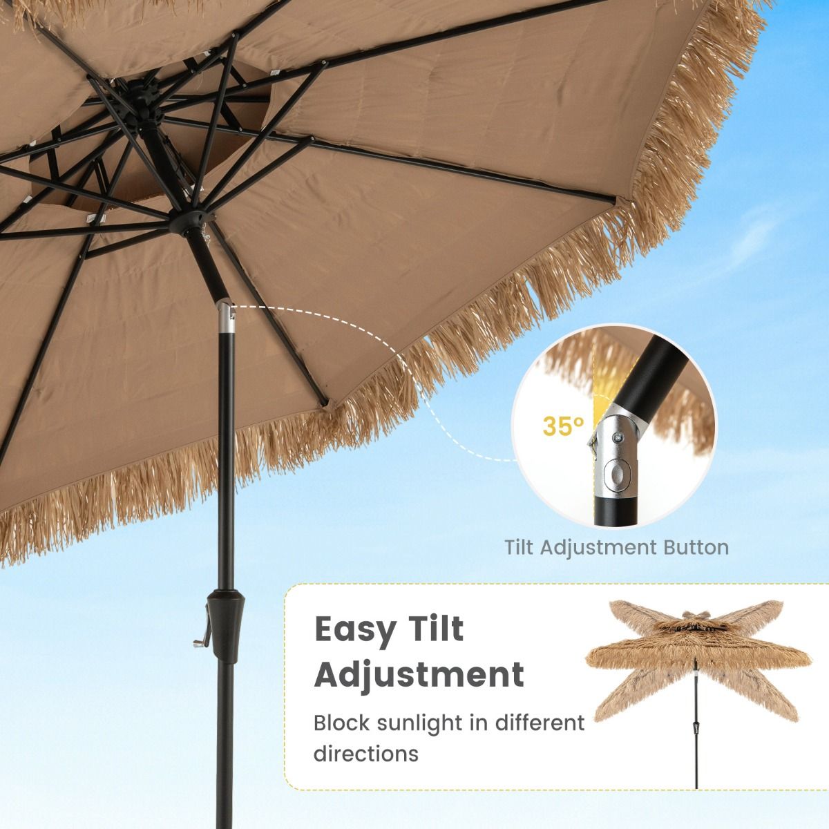 Coast Hawaïaanse Rieten Tiki Parasol 267x247 cm – Natuurlijke Terrasparasol met Zwengel, Kantelmechanisme & 8 Stevige Baleinen