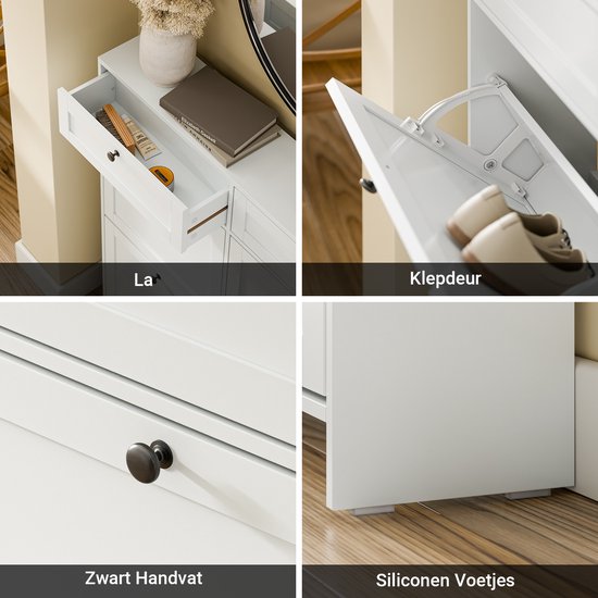 SoBuy Schoenenkast voor ingang, schoenenkast met 2 laden en 4 opklapbare deuren, praktische opslag voor 12 paar schoenen, wit, MDF E1, ideaal voor kleine ruimtes - FSR208-W
