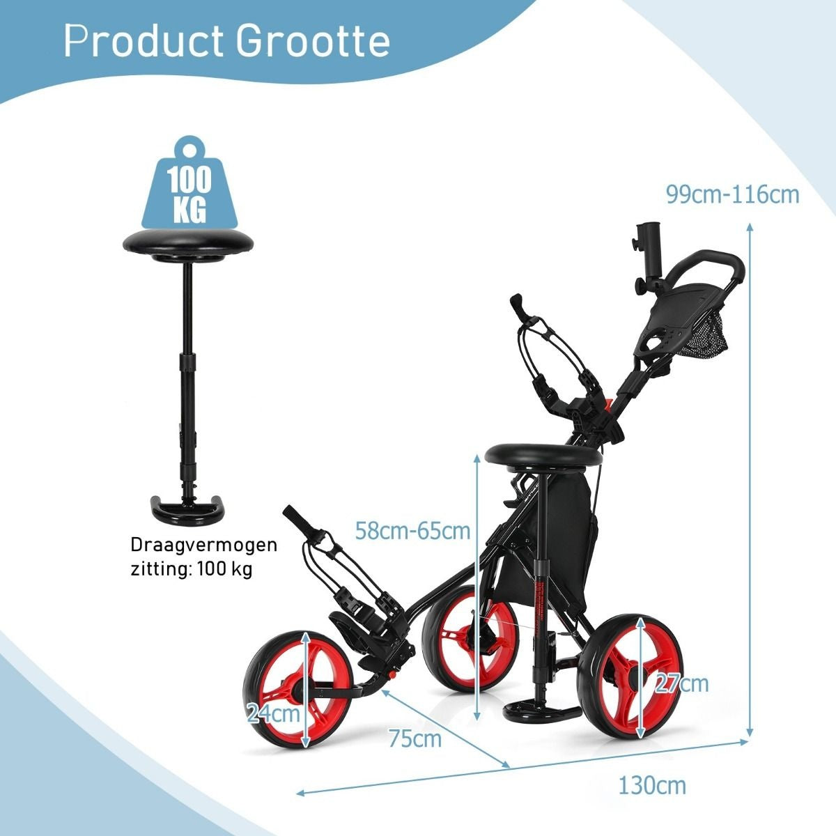 Coast Golftrolley - 3 Wielen -130 x 75 x 98,5 - Zwart met Rode Wielen