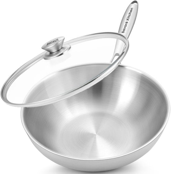 Savoré Kitchen Wokpan RVS 28 cm met Deksel – Inductie Geschikt – Wokpannen – 3-Ply – Professionele Warmteverdeling