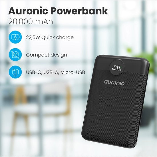 Auronic Powerbank - Geschikt voor iPhone 12/13/14/15 en Samsung S21/S22/S23 - 20.000 mAh - 22.5W - 3 Oplaadpoorten - Snelladen via USB-A en USB-C - Zwart