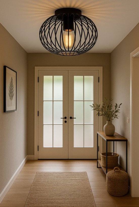 SensaHome 78174BK plafondlamp zwart - industriële metalen plafonnière - retro wire kooi design - 30 x 30 x 17 cm - 1x E27 40W - exclusief lichtbron**