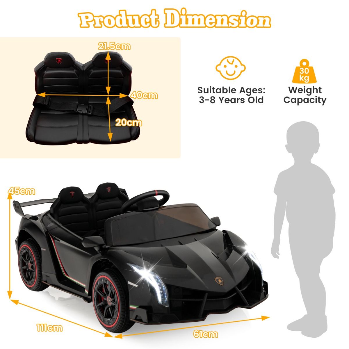 Coast Lamborghini Gelicentieerde Elektrische Auto - 12V Batterij - Afstandsbediening - 3 Snelheden - Hydraulische Deuren - Zwart