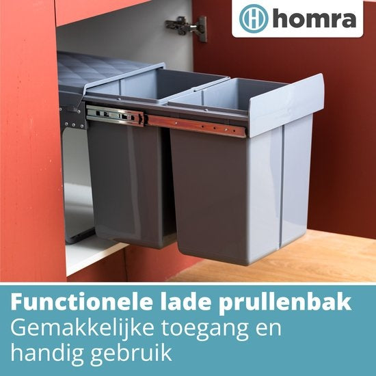 Homra Inbouwprullenbak – Uittrekbaar & Soft-Close – 2x20L – 34 x 48 x 41,5 cm – Grijs
