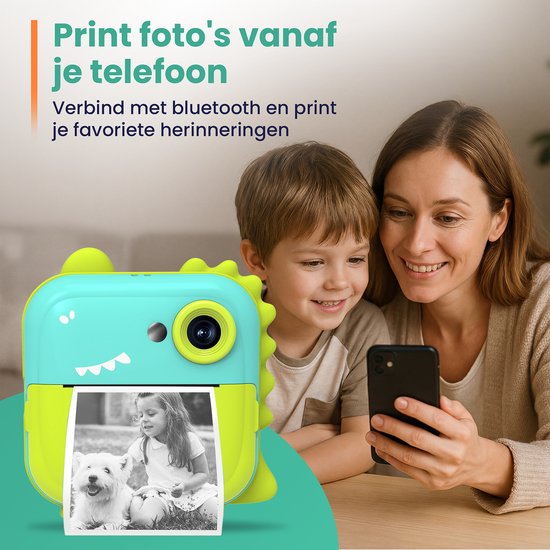 ODESSEY Kindercamera met Printer - Full HD - Selfiecamera - 32GB SD Kaart - Foto - Video - Spelletjes - Digitale Camera Kinderen - Fototoestel voor kinderen - Dino