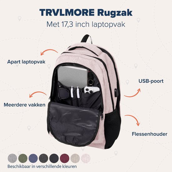 TRVLMORE Rugtas - 36L - 17 Inch - Laptop Rugzak met USB - Schooltas - Heren en Dames - Tas Roze
