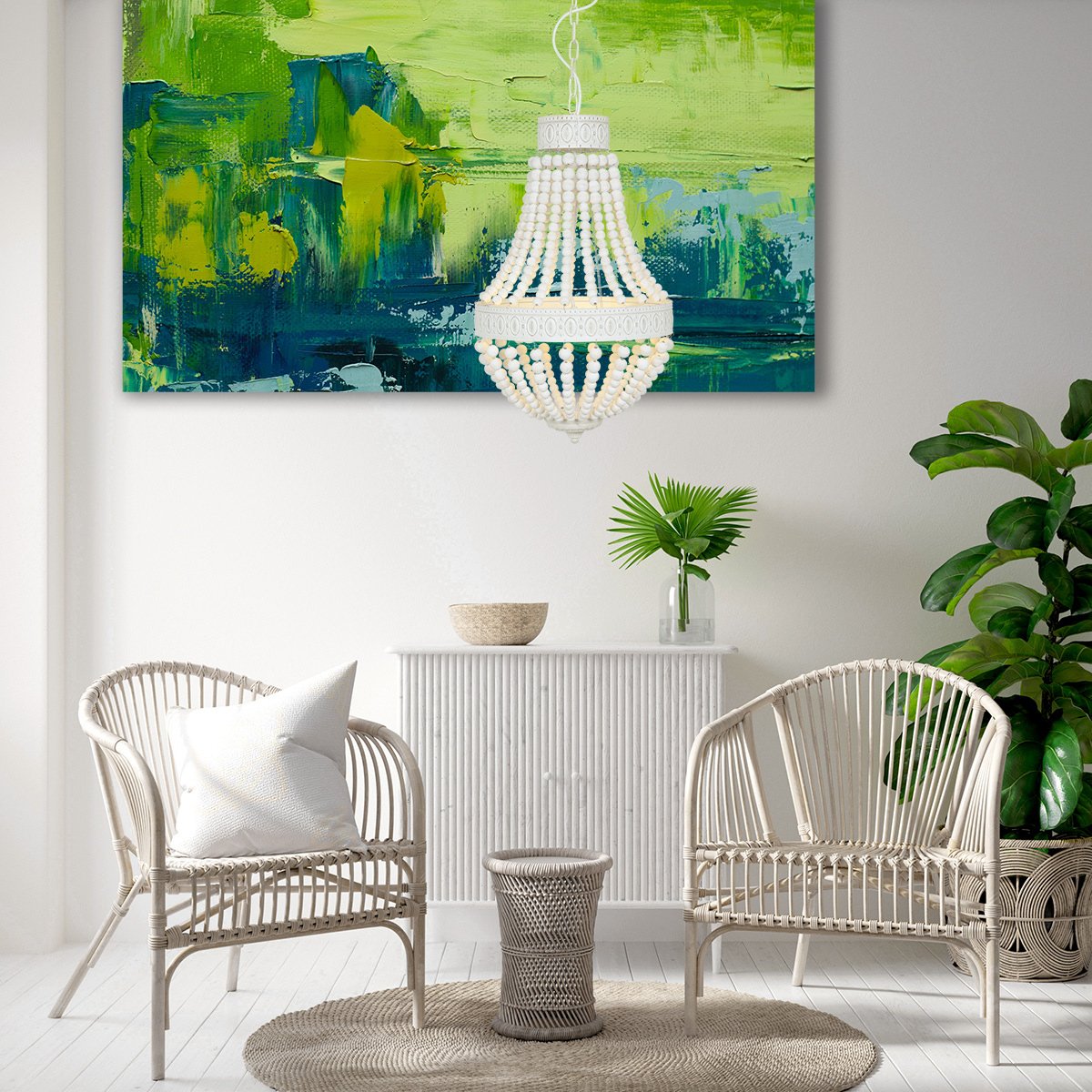 Hanglamp Ella 10191W - Trendy Witte Kralenlamp van Hout en Metaal, Verstelbare Hoogte 70-155 cm - Merk: Mexlite