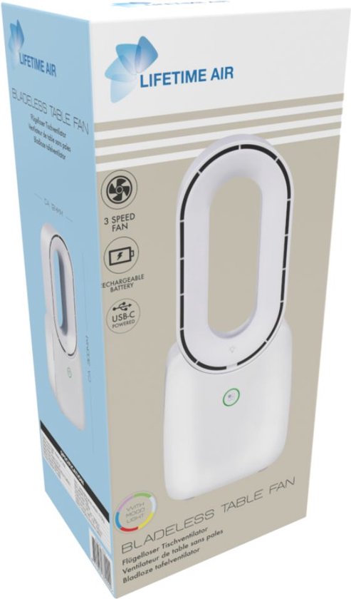 Lifetime Air Bladeloze Ventilator - Stille Ventilator Met Drie Snelheden - Draadloze Bureau Ventilator - Tafel Ventilator met LED Mood Light - USB-C Oplaadbaar - Compact Design - 5W - Wit