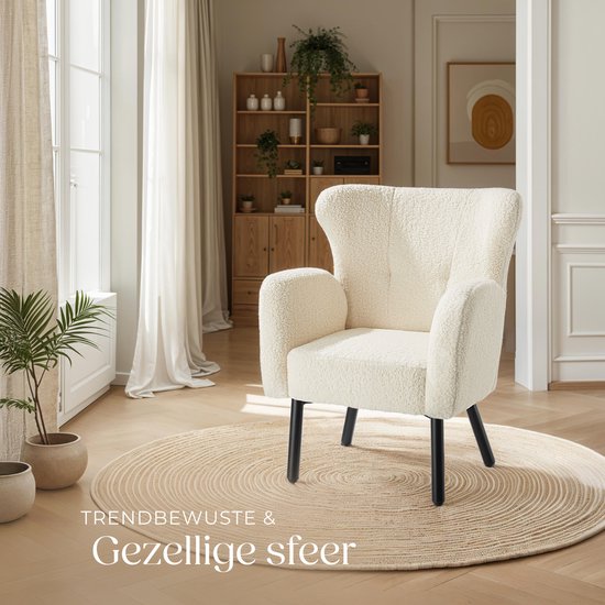 tectake® - Fauteuil Vänersborg - Dik gestoffeerde relaxstoel met bouclé-bekleding - Lounge stoel met brede armleuningen en ergonomische rugleuning - In hoogte vertelbare poten met vloerbescherming - Beige / crème