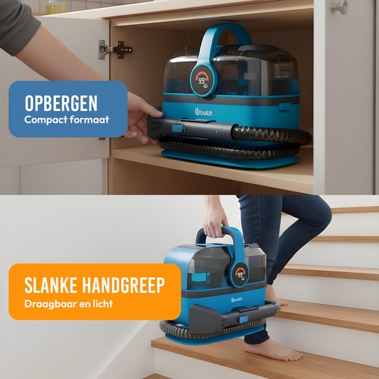 BOLLIT 4-in-1 Tapijtreiniger XL 1800W Ultra - Stoomreiniger en Vlekkenreiniger - 100° Stoom - Bankreiniger - Meubelreiniger - Handstomer - Matrasreiniger - Zetelreiniger - Reiniger voor auto, bank, vloer, en tapijt (V6 Azure Blauw)