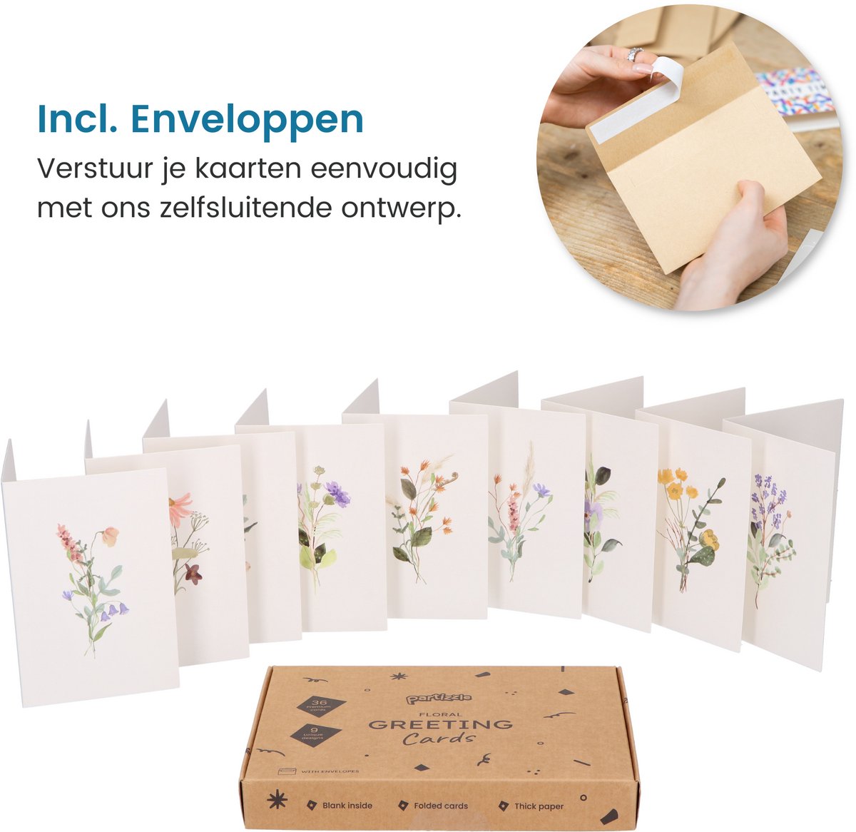 Partizzle – Droogbloemen Wenskaarten Set van 36 – 15 x 10 cm & Aquarel Design – Voorzien Van Kraft Enveloppen En Blanco Binnenkant – Voor Huwelijk En Felicitatie – Meerkleurig FSC-papier