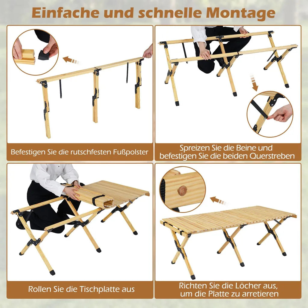 Coast Opvouwbare Campingtafel 122 × 60 × 45 cm – Houten Picknicktafel voor 4-6 Personen met Oprolbaar Tafelblad & Draagtas – Naturel