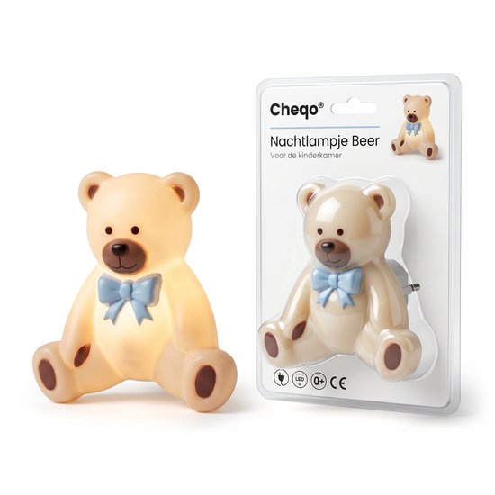 Cheqo® Nachtlampje Kinderen voor Kinderkamer en Babykamer - Baby Nachtlamp Beer Beertje - Stopcontact Lamp - LED Nachtlicht voor Slaapkamer - Stekkerlampje Dier Sfeerlampje - Warm Wit Stopcontactlampje voor Kind en Kindje