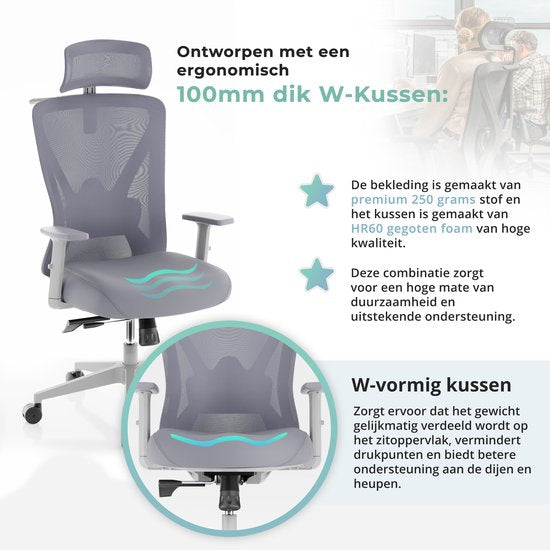 Backerz – Ergonomische Bureaustoel – 44-56 cm Zithoogte & EN1335 Gecertificeerd – Voorzien Van 3D Armleuningen En Verstelbare Lendensteun – Voor Kantoor En Gaming – Wit/Grijs Polypropeen En Mesh