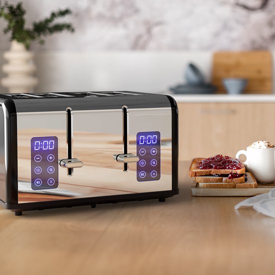 KitchenBrothers Broodrooster - Toaster - 6 Warmteniveaus - 4 Extra Brede Sleuven - Touch display - 1630W - RVS/Zwart