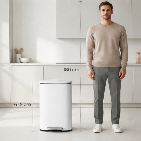 Bayt Prullenbak - Pedaalemmer 50 Liter -Prullenbak 50 Liter - Vuilnisbak 50 Liter - Prullenbak Afvalscheiding - Afvalbak- RVS - Wit