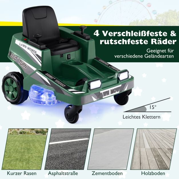 Coast Elektrische Kindergrasmaaier 12V – Ride-On met LED Verlichting 72 x 62 x 54 cm – Groen