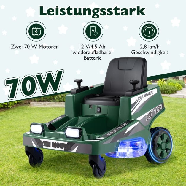 Coast Elektrische Kindergrasmaaier 12V – Ride-On met LED Verlichting 72 x 62 x 54 cm – Groen