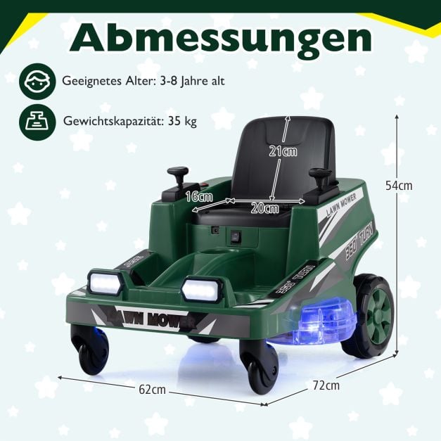 Coast Elektrische Kindergrasmaaier 12V – Ride-On met LED Verlichting 72 x 62 x 54 cm – Groen