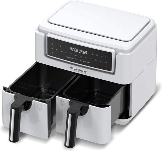 TurboTronic AF118 Dubbele Airfryer XXL - Digitale Heteluchtfriteuse - Dubbele mand - 7,6 Liter - 2x 3,8L - 12 programma's - Touchscreen - Wit