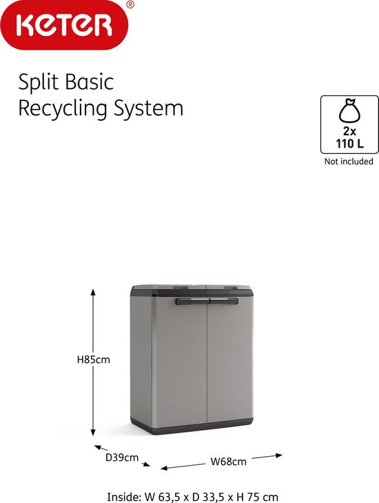 Keter Split Basic Recycling Vuilnisbak voor buiten - 68x39x85 cm - Grijs/Zwart