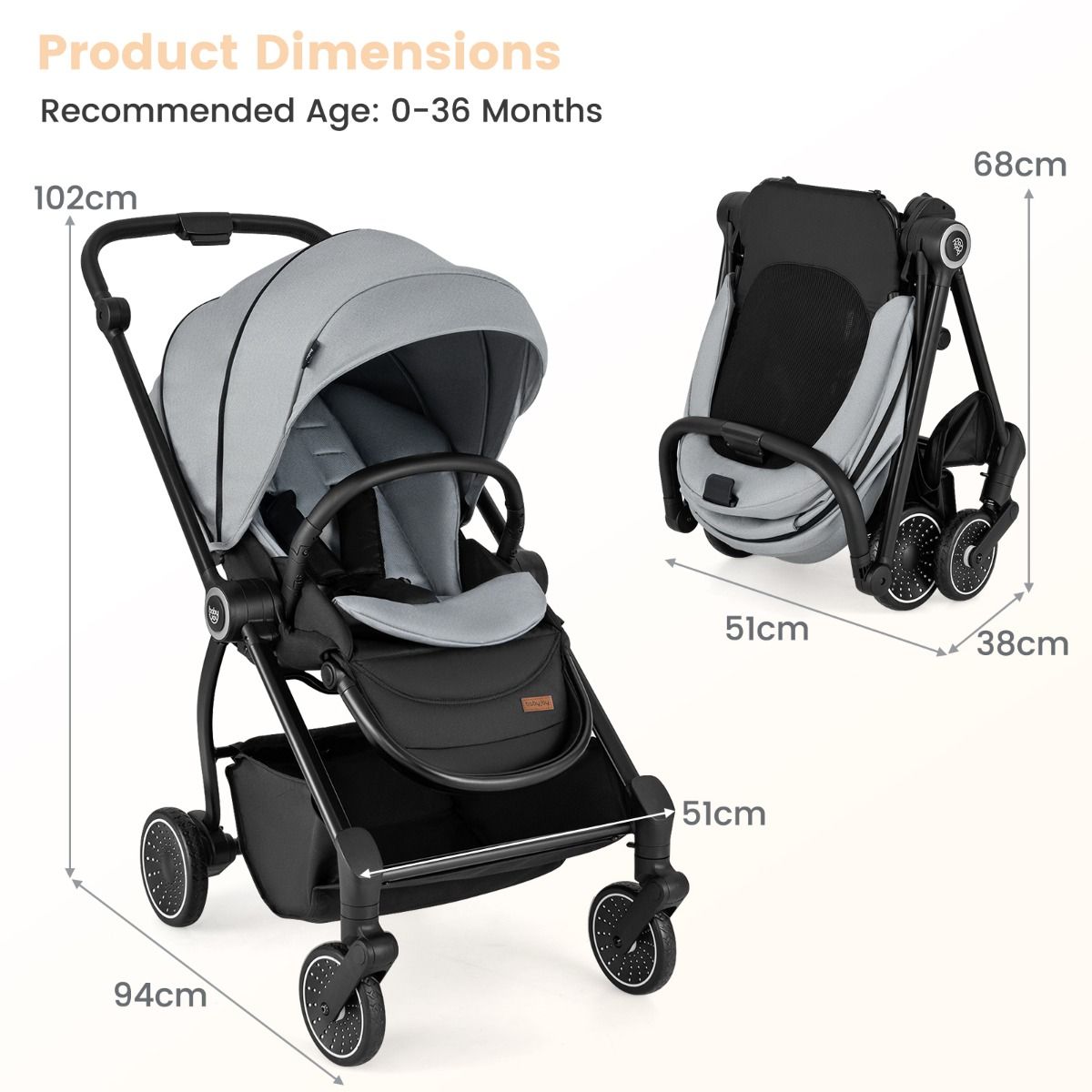 Coast Opvouwbare Kinderwagen met Omkeerbare Zitting – 94 x 51 x 102 cm – Zwart/Grijs