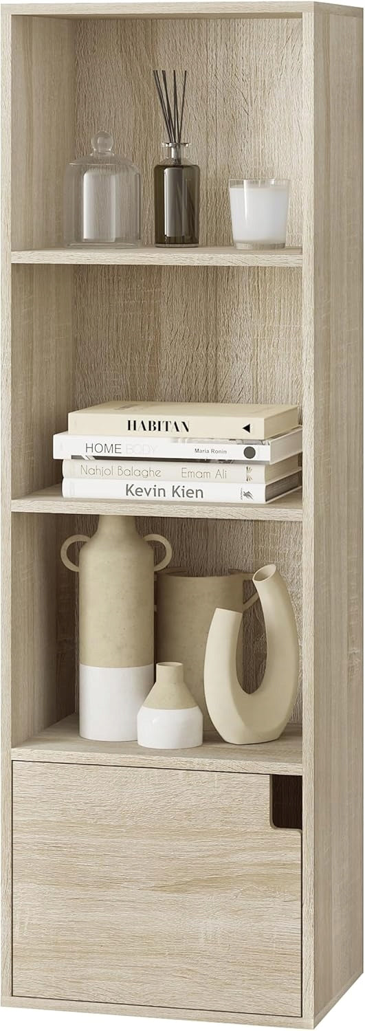 Woltu Smalle Boekenkast met Deurtje - Licht Eiken - 34 x 106 x 24 cm