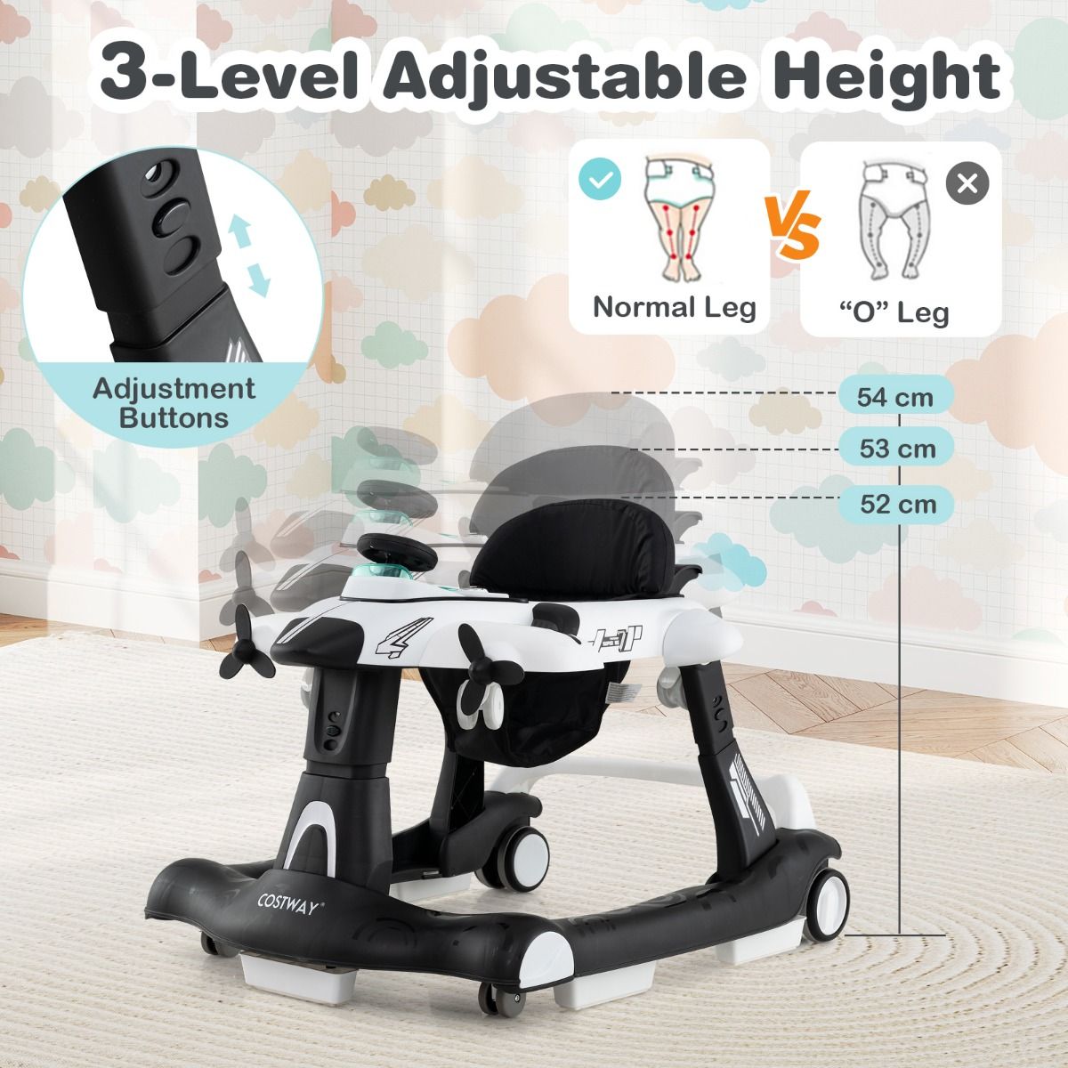 Coast Loopwagen - Vliegtuigvorm - Verstelbare Hoogte - max. 12 kg - 73 x 64 x 54 cm - Wit