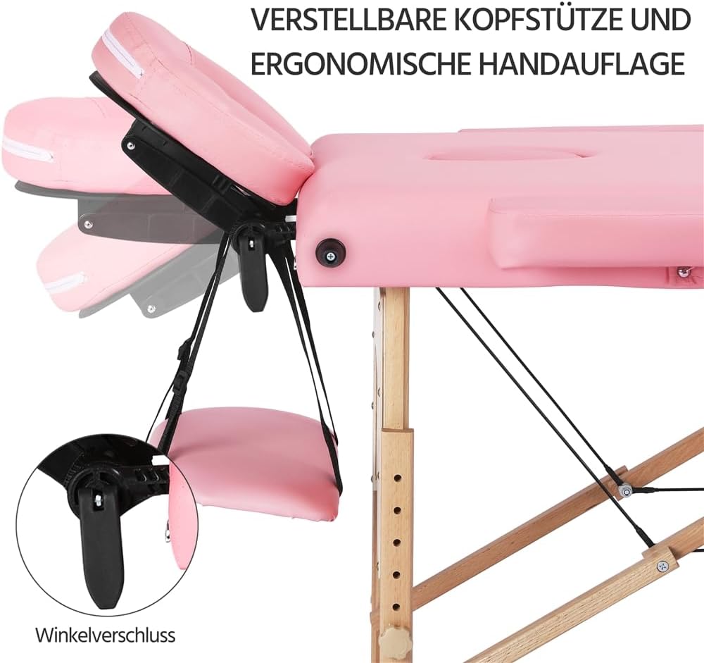 Yaheetech Massagetafel met 3 zones - Inklapbaar - 213 × 80 cm - Lichtroze