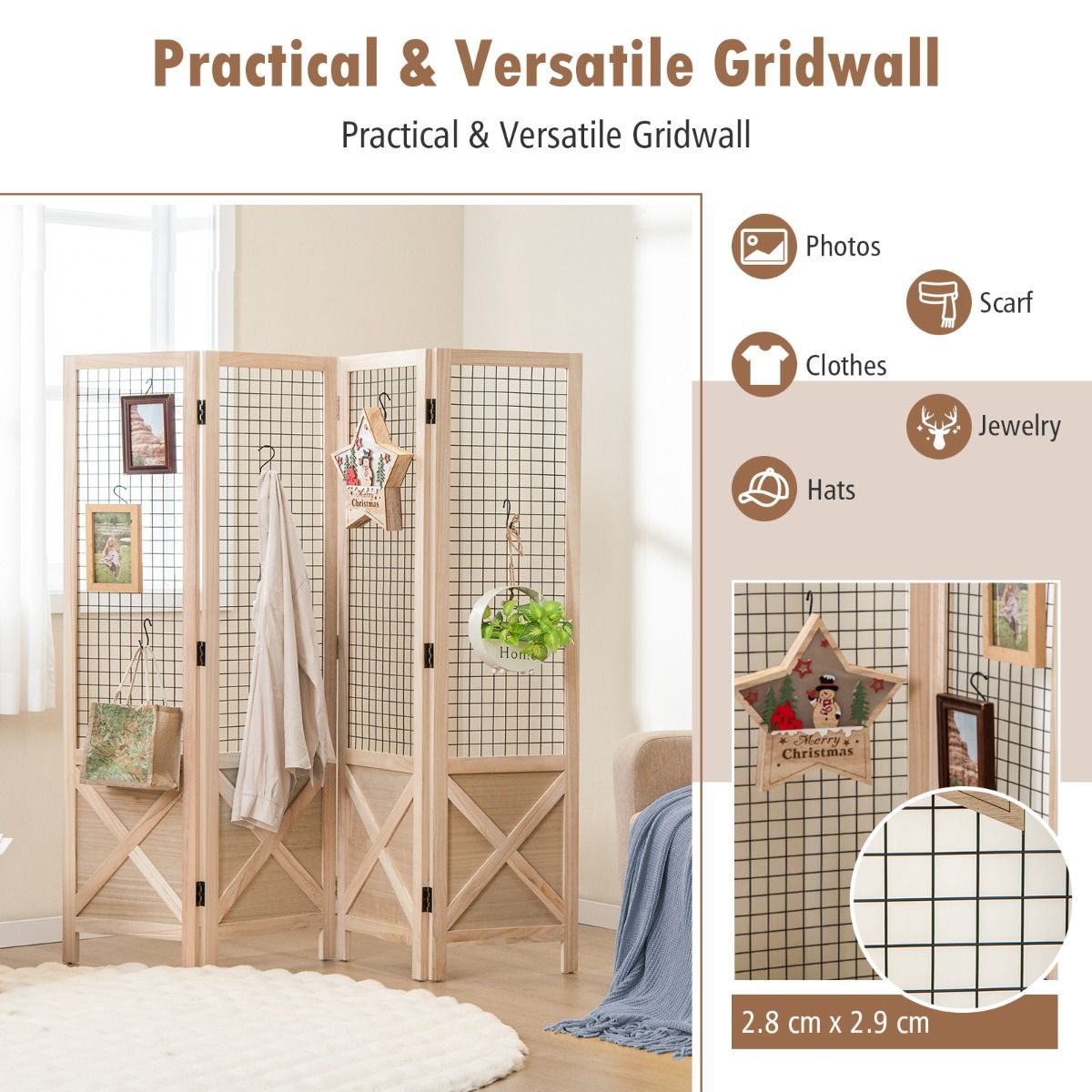 Coast Inklapbare Houten Kamerverdeler Roosterwand 4-Delig – 151 x 144 cm – Naturel