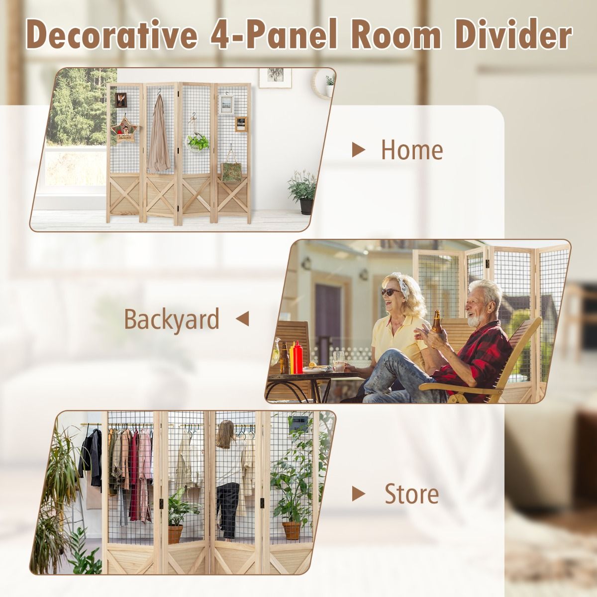 Coast Inklapbare Houten Kamerverdeler Roosterwand 4-Delig – 151 x 144 cm – Naturel