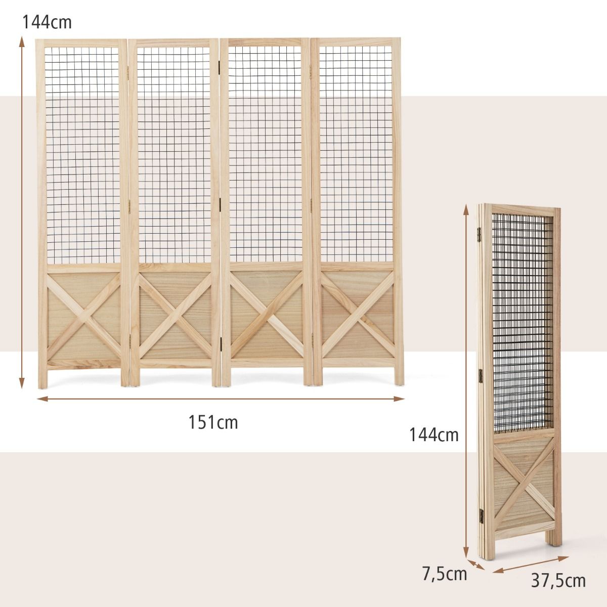Coast Inklapbare Houten Kamerverdeler Roosterwand 4-Delig – 151 x 144 cm – Naturel