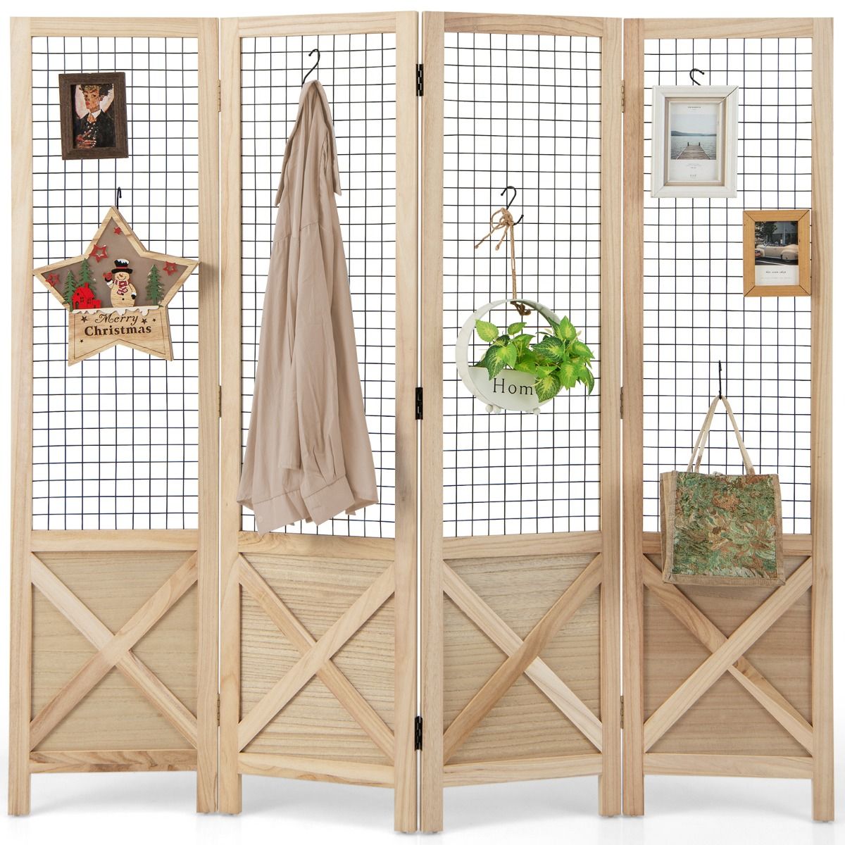 Coast Inklapbare Houten Kamerverdeler Roosterwand 4-Delig – 151 x 144 cm – Naturel