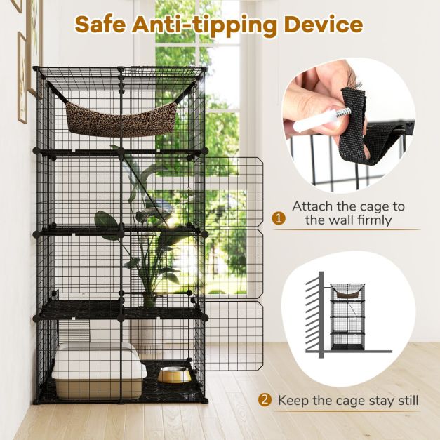 Ruime 4-laagse kattenkooi 143 cm hoog – Zwarte metalen draadkooi met hangmat, plateaus en ladders voor katten en kleine huisdieren