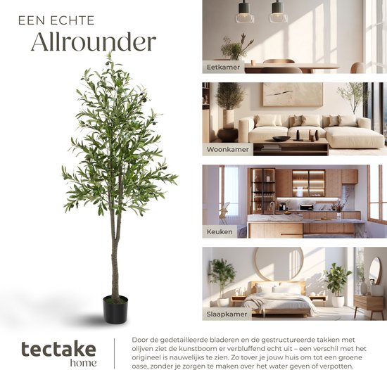 tectake® Kunstmatige Olijfboom Oleand – Mediterrane Kunstplant met Realistische Bladeren en Olijven – Onderhoudsvriendelijk en Veelzijdig – Inclusief Stevige Bloempot – Hoogte: 180 cm