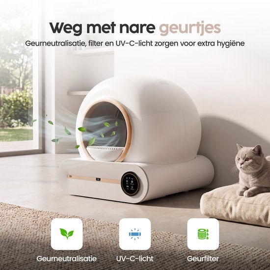Infinity Goods Automatische Kattenbak XXL - Zelfreinigende Kattenbak - Incl. App - 75L - Met Kattenbakmat en 3 Rollen Opbergzakjes - Wit/Roségoud