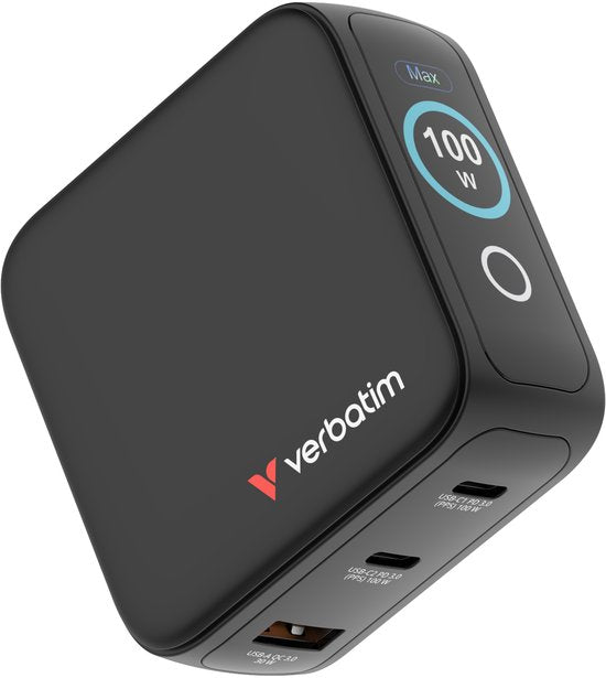 Verbatim Mini Gan-Oplader 100W 2Xusb-C 1Xusb-A Qc Voor Apple Macbook Iphone