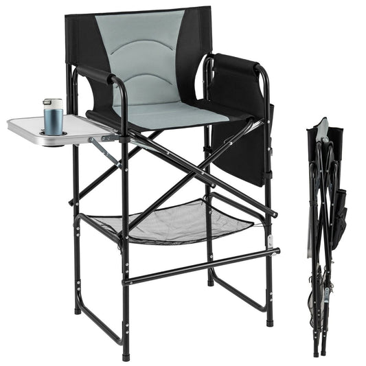 Coast Campingstoel Opvouwbaar Regisseursstoel met Zijtafel, Voetensteun en Opbergvakken – Zwart/Grijs – 65 x 53 x 116,5 cm