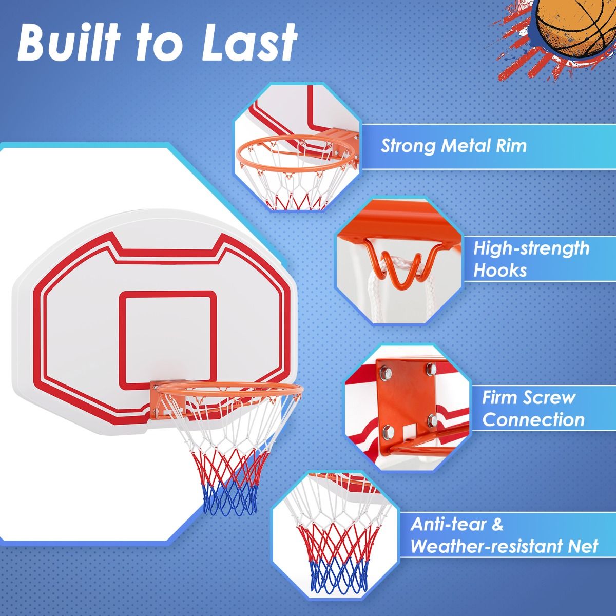 Coast Professionele Ø45 cm Basketbalkorf met Robuuste 91x61 cm PE Achterwand - Binnen en Buiten, Wit/Rood
